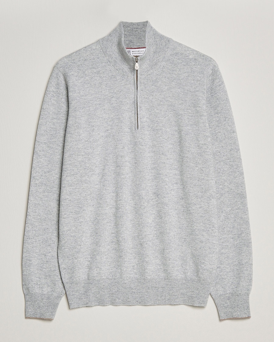 Brunello Cucinelli 2 Ply Cashmere Half Zip Light Grey – Grau