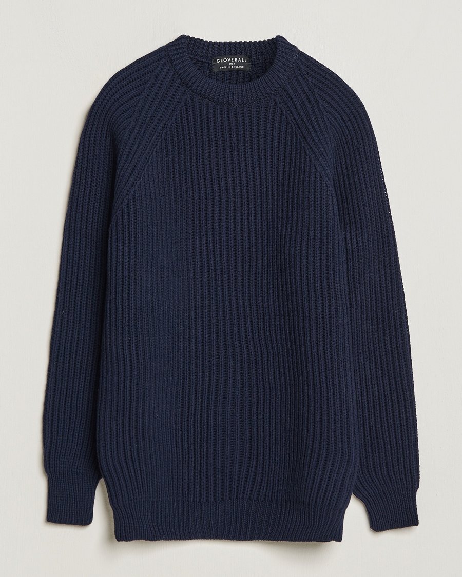 Gloverall Fisherman Rib Chunky Wool Crew Neck Navy – Blau