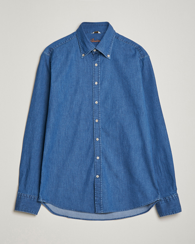 Herren | Jeanshemden | Stenströms | Fitted Body Button Down Garment Washed Shirt Mid Blue Denim