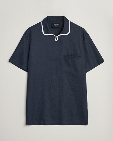 Herren | Giorgio Armani | Giorgio Armani | Linen Guru Collar Short Sleeve Shirt Navy