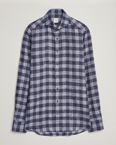 Herren | Flannellhemden | Stenströms | Slimline Checked Linen Flannel Shirt Blue