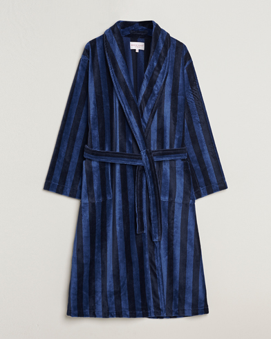Herren | Morgenmantel | Derek Rose | Cotton Velour Striped Gown Navy/Blue