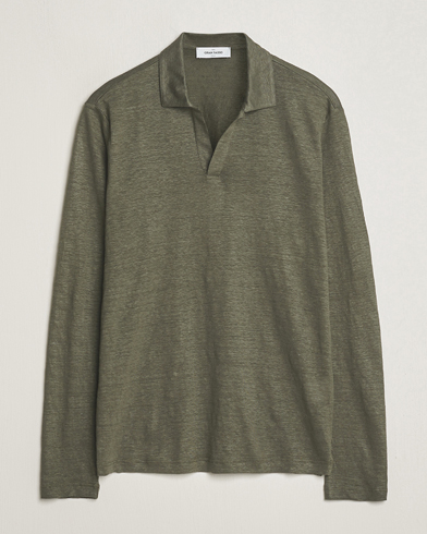 Herren |  | Gran Sasso | Washed Linen Long Sleeve Polo Dark Green Melange