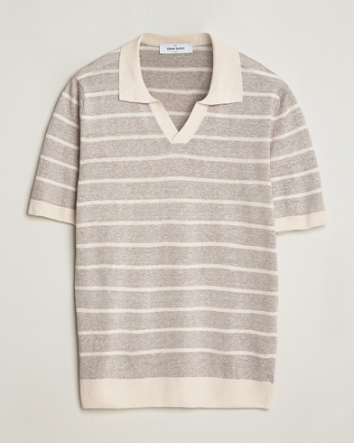 Herren |  | Gran Sasso | Linen/Cotton Knitted Striped Open Collar Polo Beige/Cream