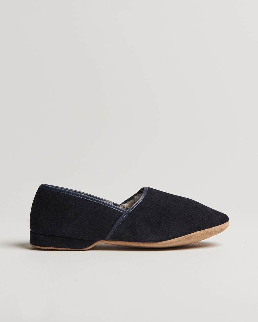 Derek Rose Crawford Sheepskin Suede Slippers Navy – Blau