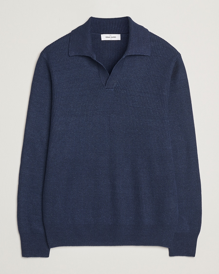 Gran Sasso Linen/Cotton Open Collar Knitted Polo Navy Melange – Blau