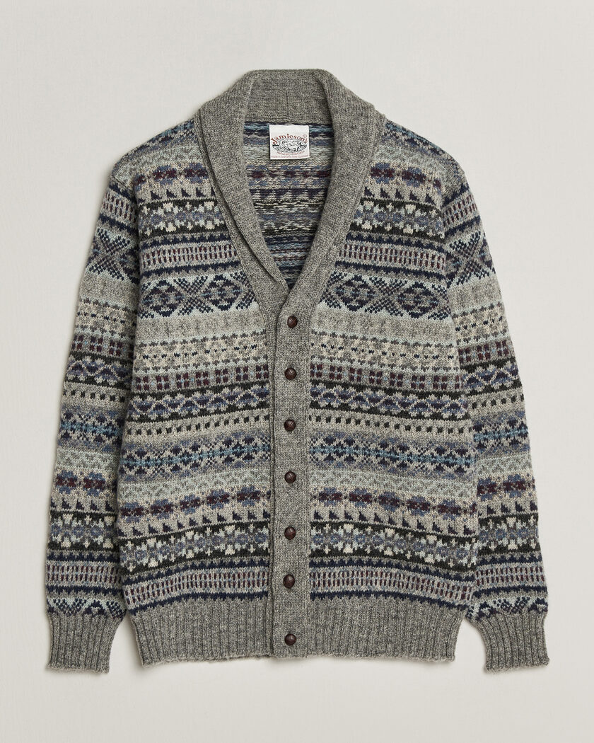 Jamieson's of Shetland Jamiesons Of Shetland All Over Fair Isle Shawl Collar Cardigan Grey – Grau