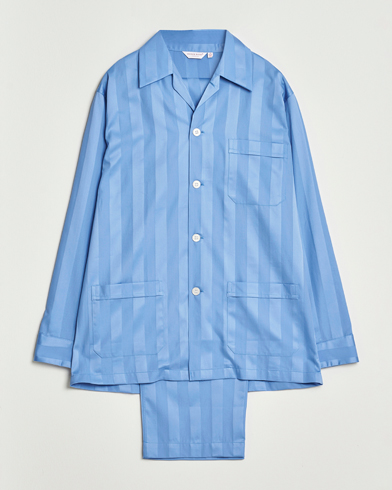 Derek Rose Striped Cotton Satin Pyjama Set French Blue – Blau