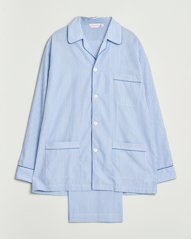 Derek Rose Striped Piped Cotton Pyjama Set Blue/White – Blau
