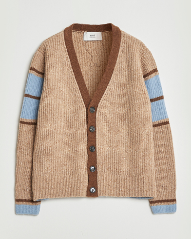 AMI Ribbed Wool Knitted Cardigan Camel – Beige
