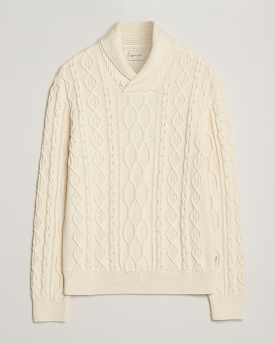 GANT Cable Shawl Collar Knitted Sweater Cream – Weiß