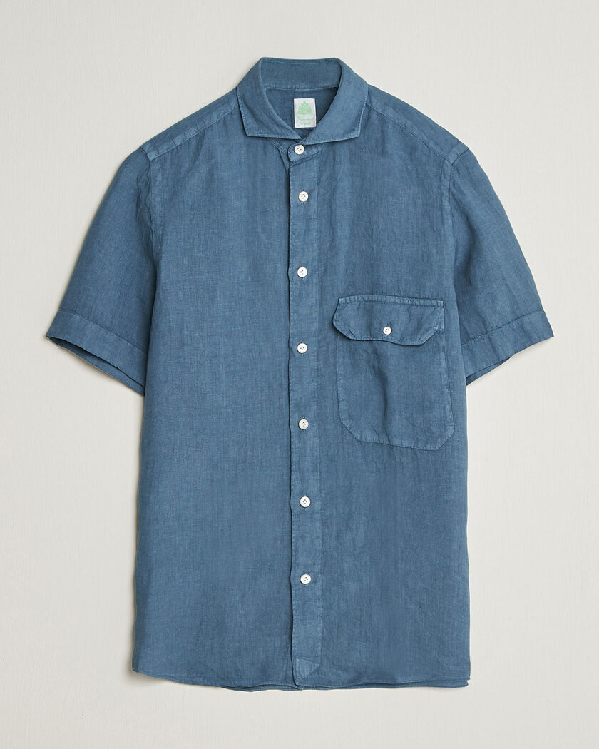 Finamore Napoli Linen Short Sleeve Sport Shirt Dark Blue – Blau