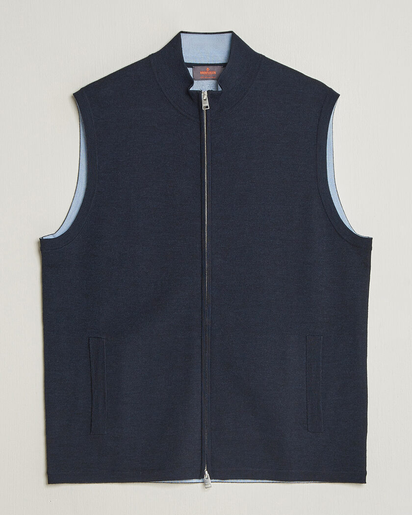 Morris Merino Double Zip Vest Navy – Blau