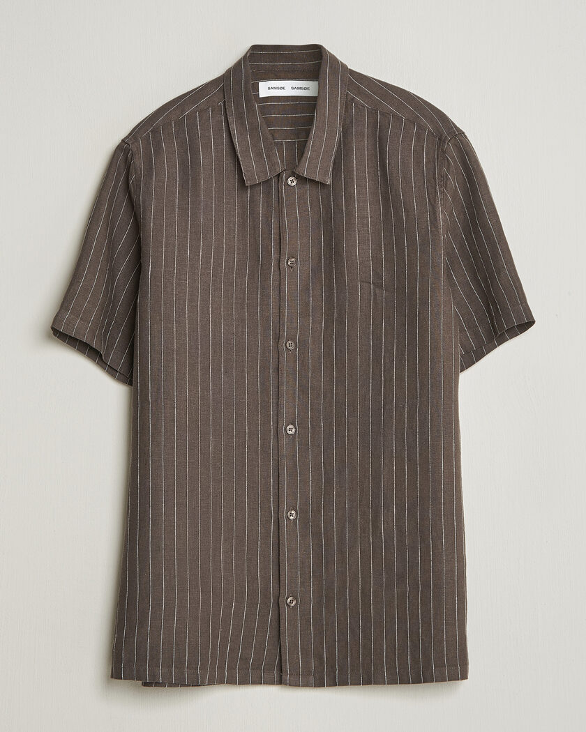 Samsøe Samsøe Avan Linen Striped Short Sleeve Shirt Black Olive – Grün