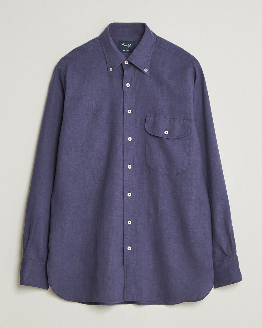 Drake's Linen Button Down Curved Pocket Shirt Navy – Blau