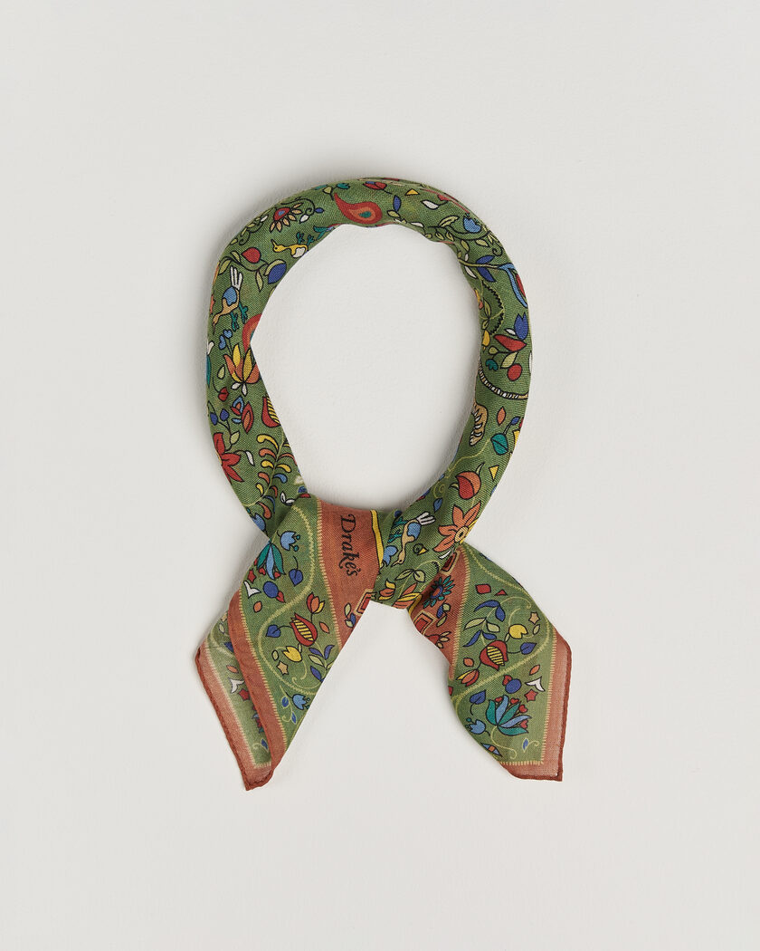 Drake's Tiger Garden Wool/Silk Bandana Green – Grün