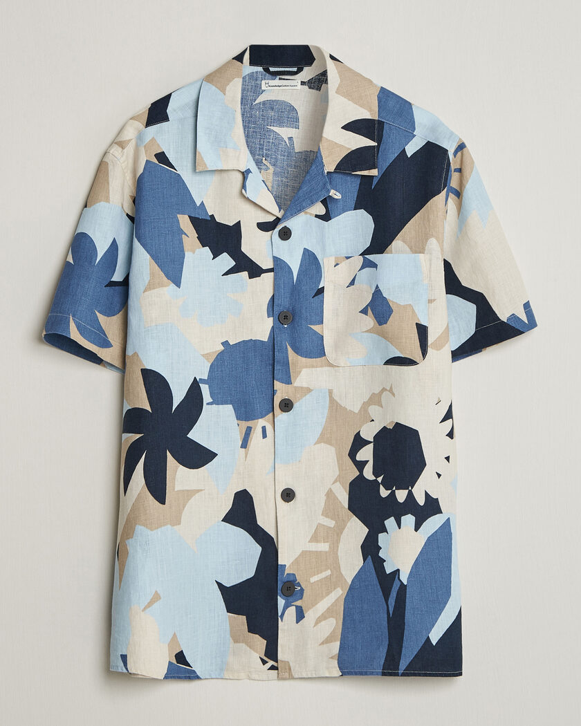 KnowledgeCotton Apparel Relaxed Printed Linen Short Sleeve Shirt Blue – Blau
