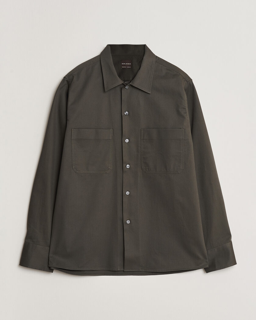 Oscar Jacobson Straight Fit Bowling Collar Cotton Shirt Olive – Grün