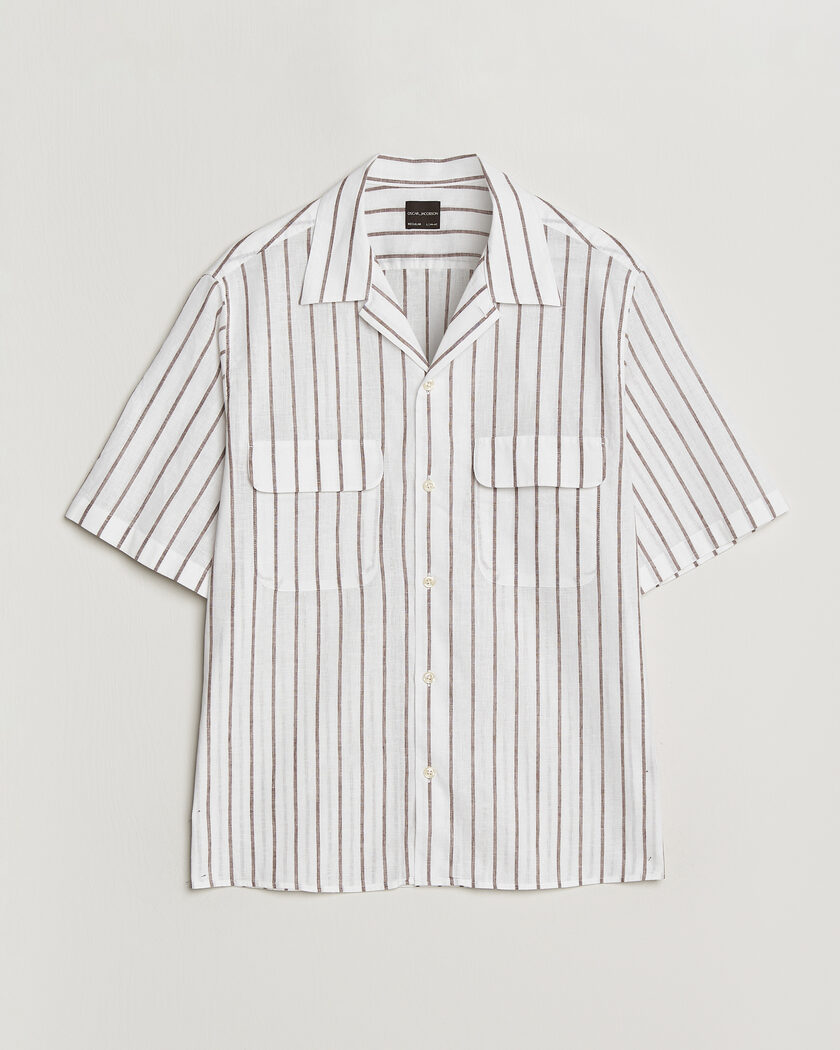 Oscar Jacobson Striped Short Sleeve Linen Shirt Brown/White – Weiß