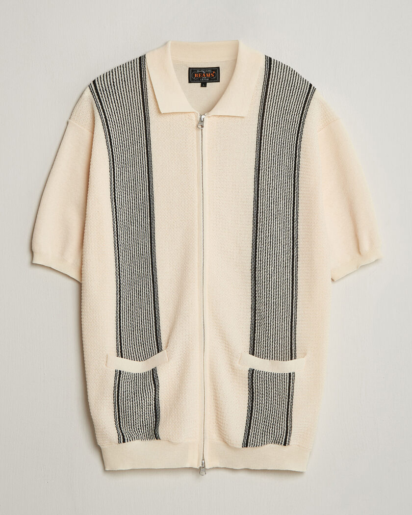 BEAMS PLUS Zip Knit Striped Polo Off White – Mehrfarbig
