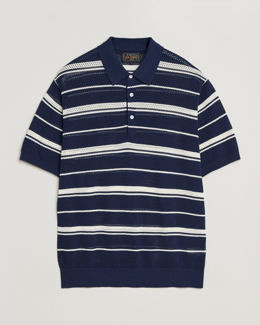 BEAMS PLUS Short Sleeve Mesh Knit Polo Navy – Blau