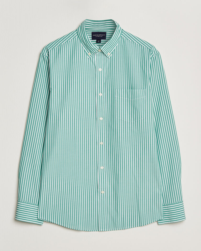 Charles Tyrwhitt Button Down Stretch Poplin Shirt Green Stripe – Grün