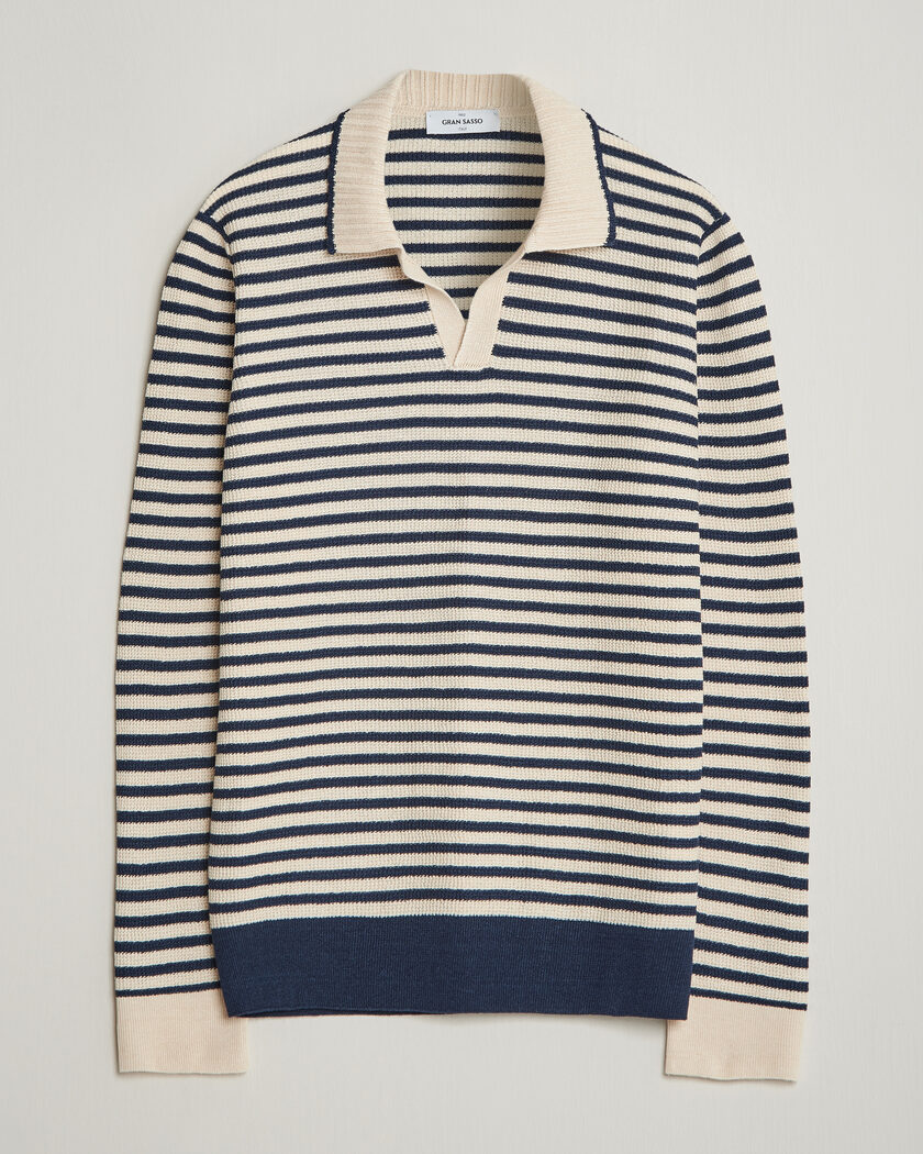 Gran Sasso Linen/Cotton Knitted Striped Polo Navy/White – Mehrfarbig