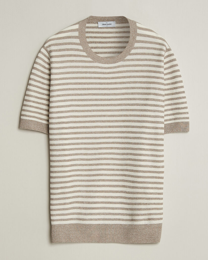 Gran Sasso Linen/Cotton Knitted Striped T-Shirt Beige/White – Beige