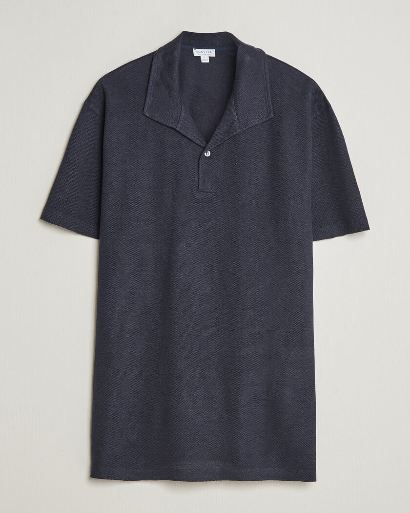 Sunspel Cotton/Linen Pique Polo Navy – Blau