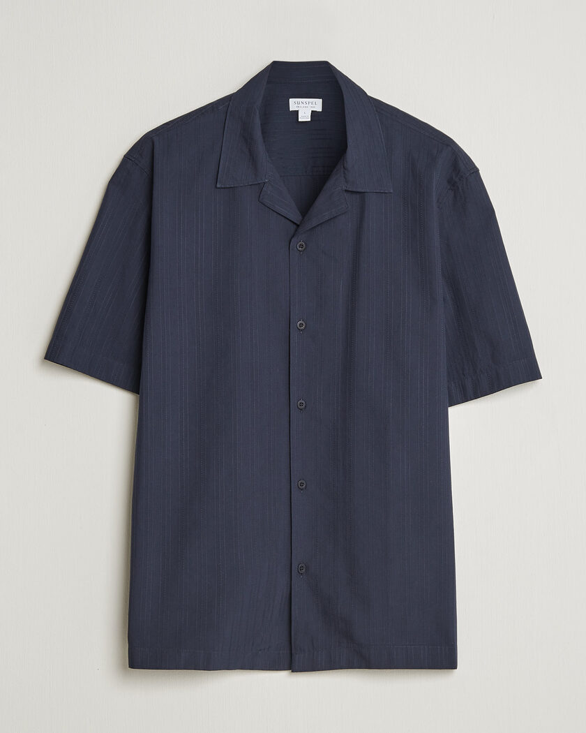 Sunspel Short Sleeve Textured Stripe Shirt Navy – Blau