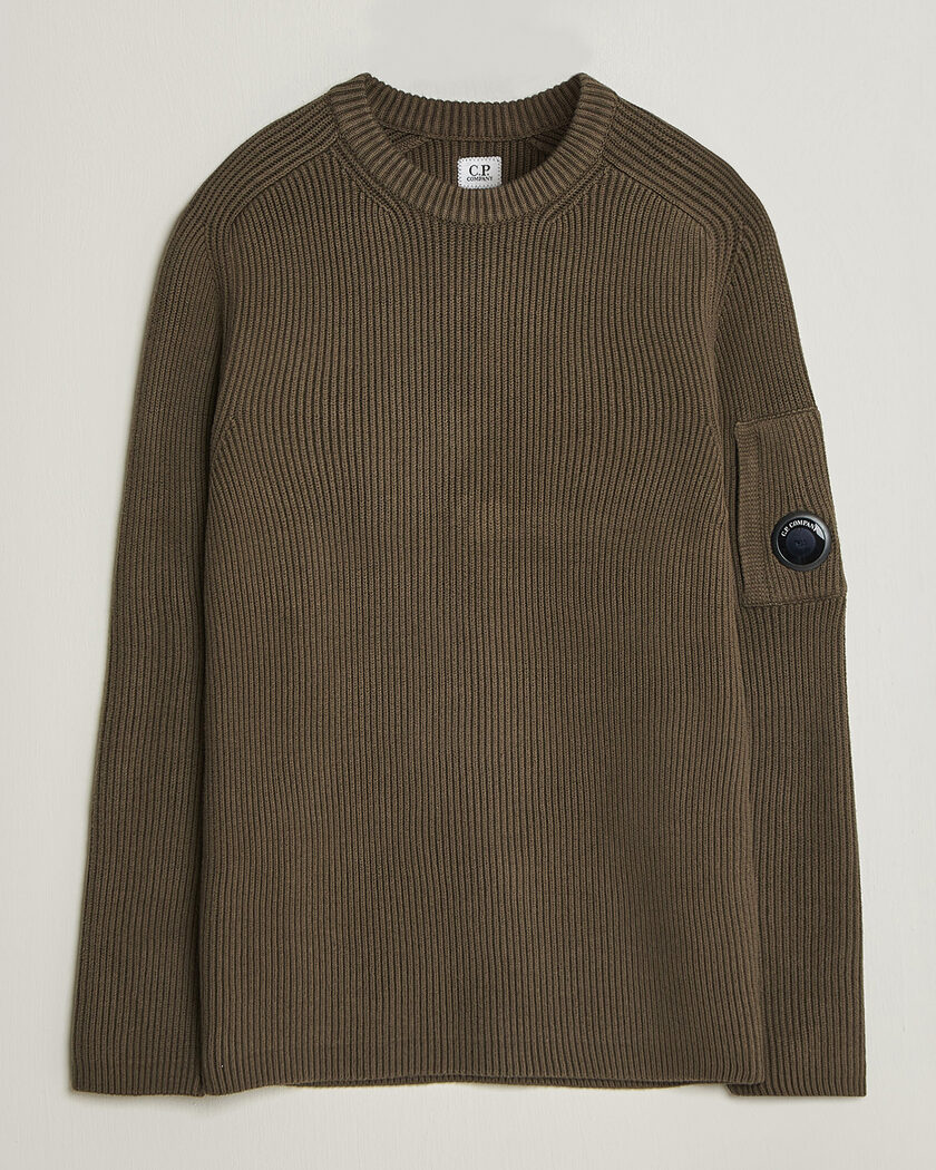 C.P. Company Full Rib Knitted Cotton Crew Neck Dark Green – Grün