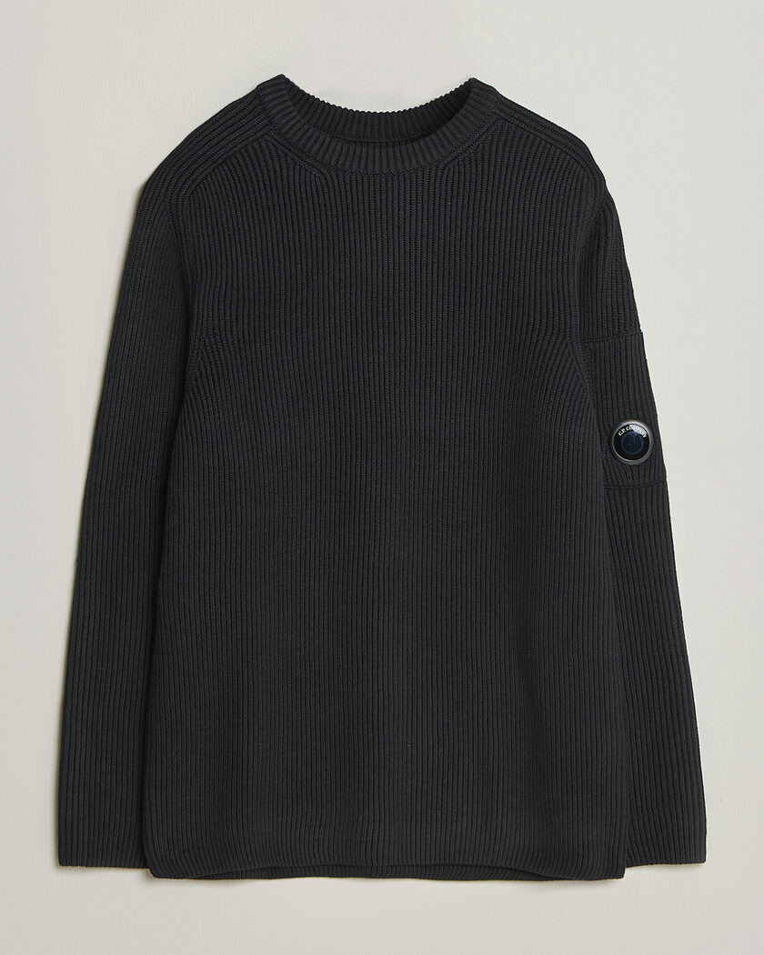 C.P. Company Full Rib Knitted Cotton Crew Neck Black – Schwarz