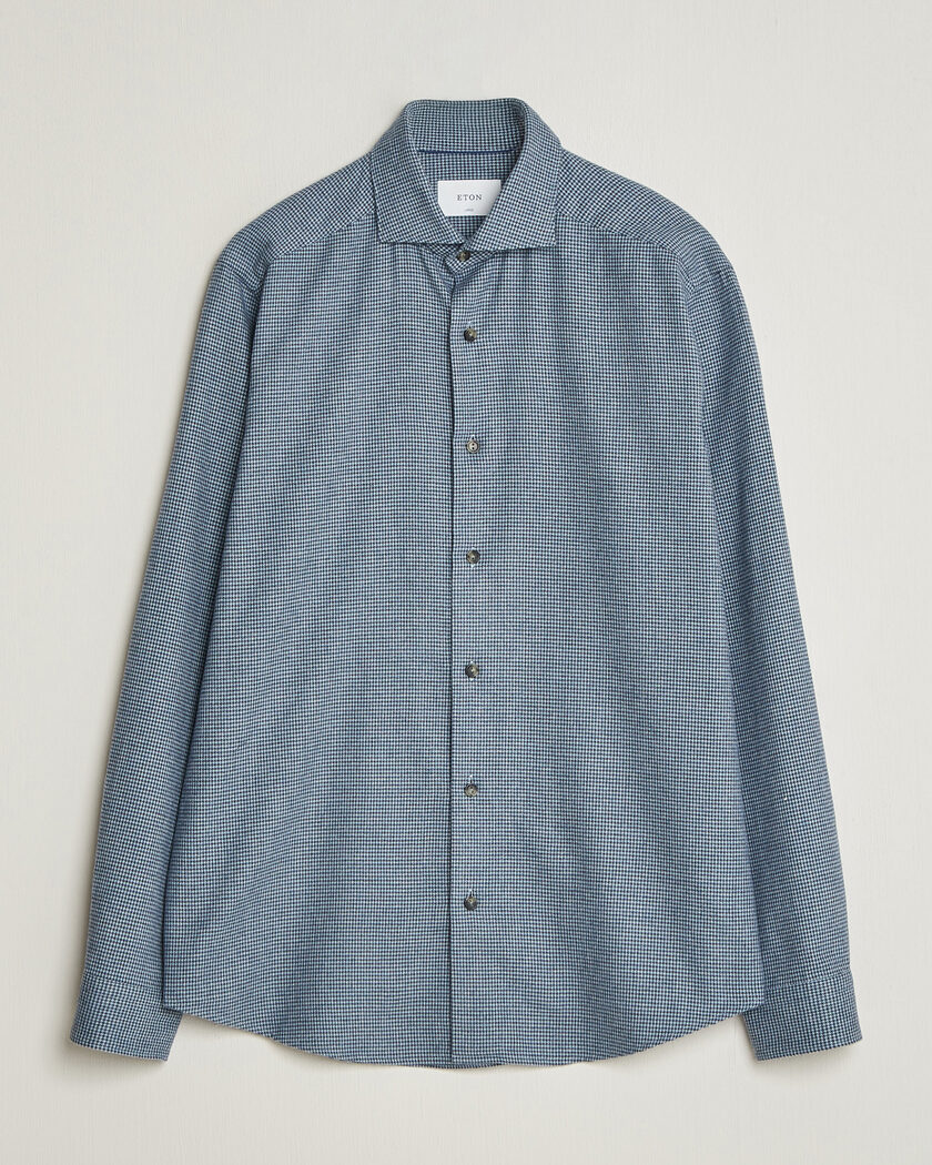 Eton Casual Fit Houndstooth Flannel Shirt Mid Blue – Blau