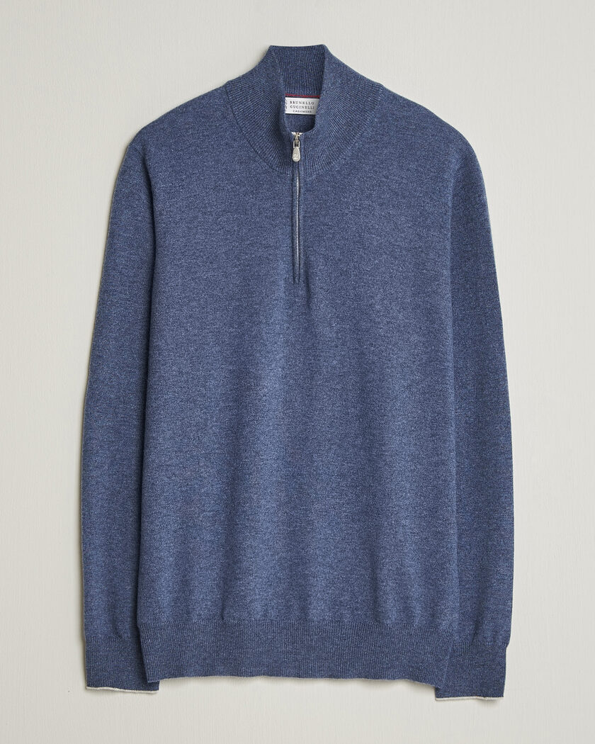 Brunello Cucinelli 2 Ply Cashmere Half Zip Denim Blue – Blau