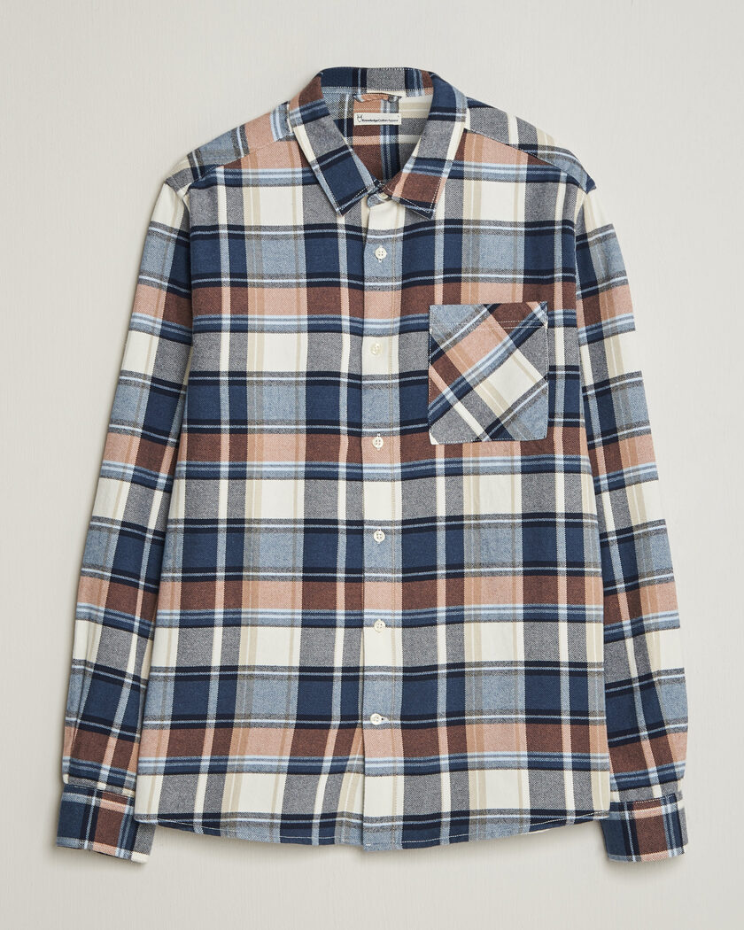KnowledgeCotton Apparel Regular Fit Check Melange Flannel Shirt Navy – Blau