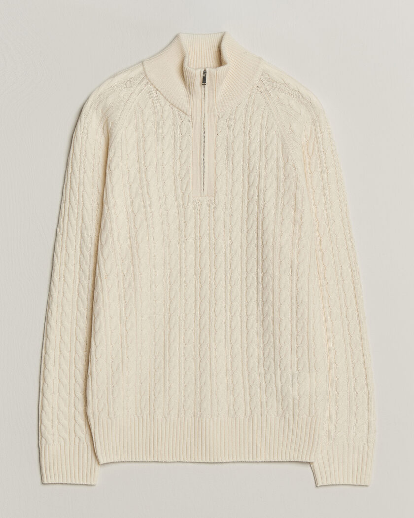 BOSS BLACK Furore Wool/Cashmere Cable Half Zip Open White – Weiß