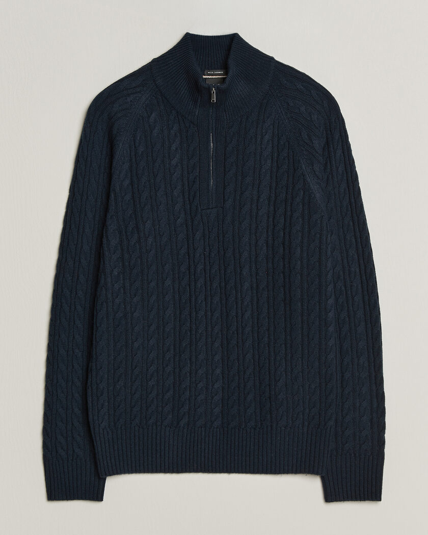 BOSS BLACK Furore Wool/Cashmere Cable Half Zip Dark Blue – Blau