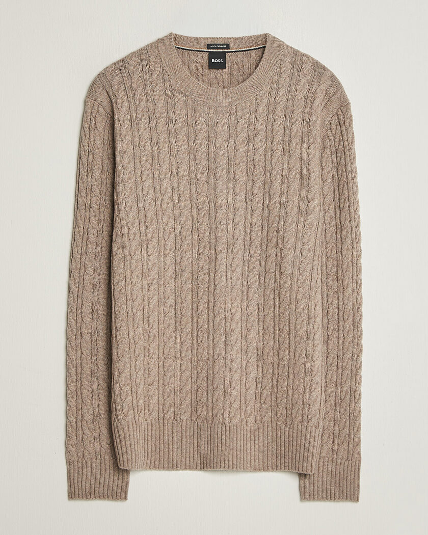BOSS BLACK Furlan Wool/Cashmere Cable Crew Neck Open Brown – Braun