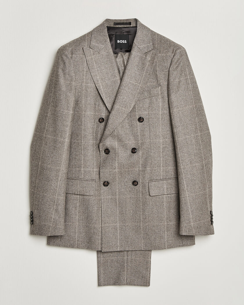 BOSS BLACK Huge Wool Checked Double Breasted Suit Open Brown – Braun