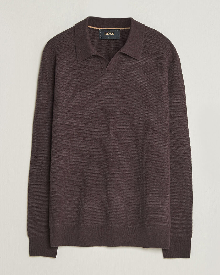 BOSS CAMEL Filo Wool Knitted Polo Open Brown – Braun