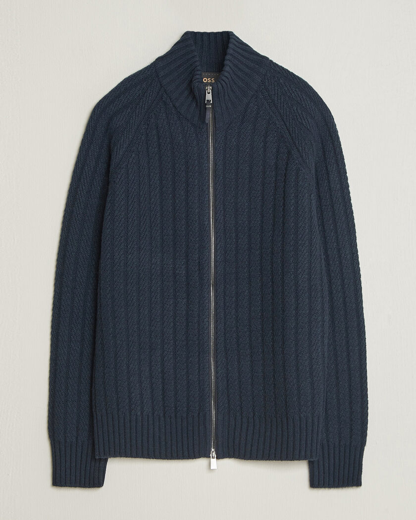 BOSS CAMEL Filane Wool Knitted Full Zip Dark Blue – Blau
