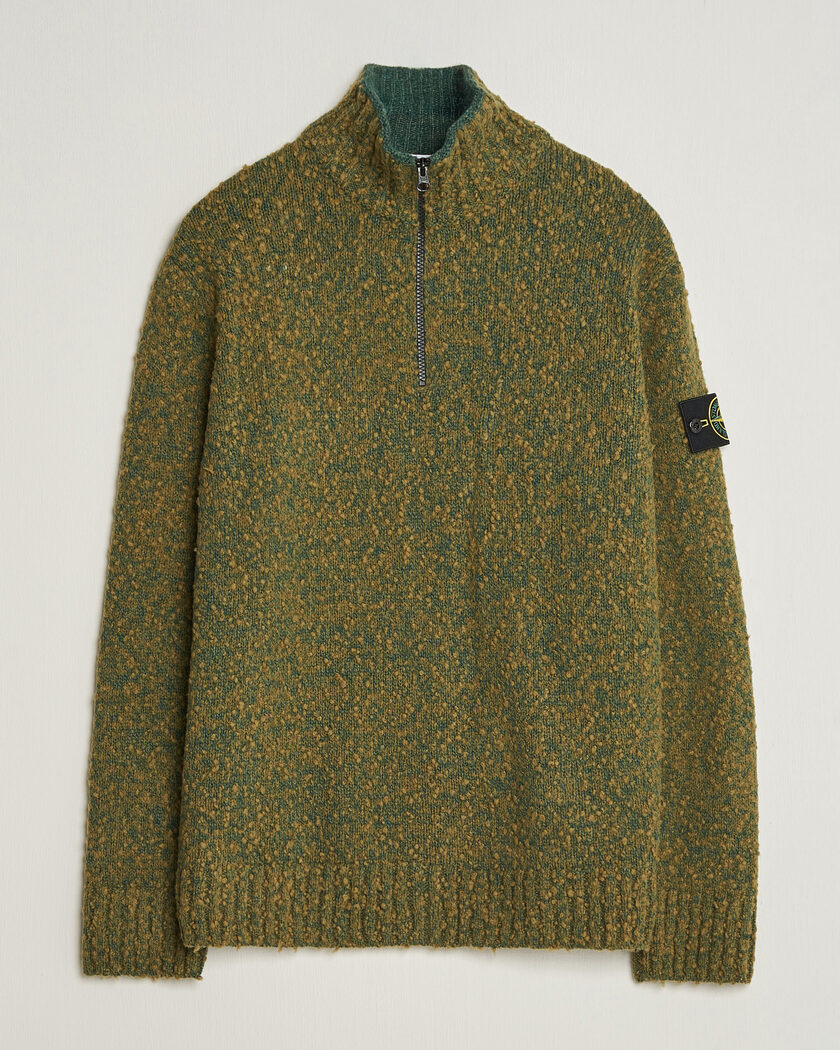 Stone Island Speckled Wool/Nylon Half Zip Dark Green Melange – Grün