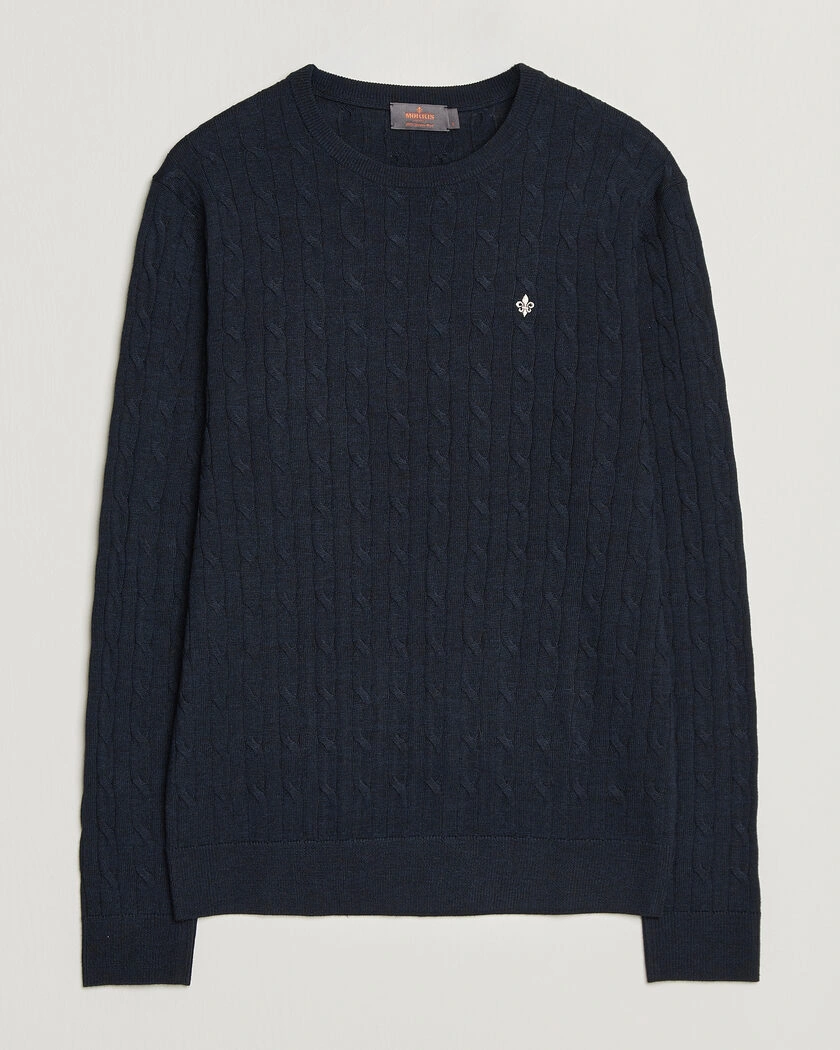 Morris Merino Cable O-Neck Navy – Blau