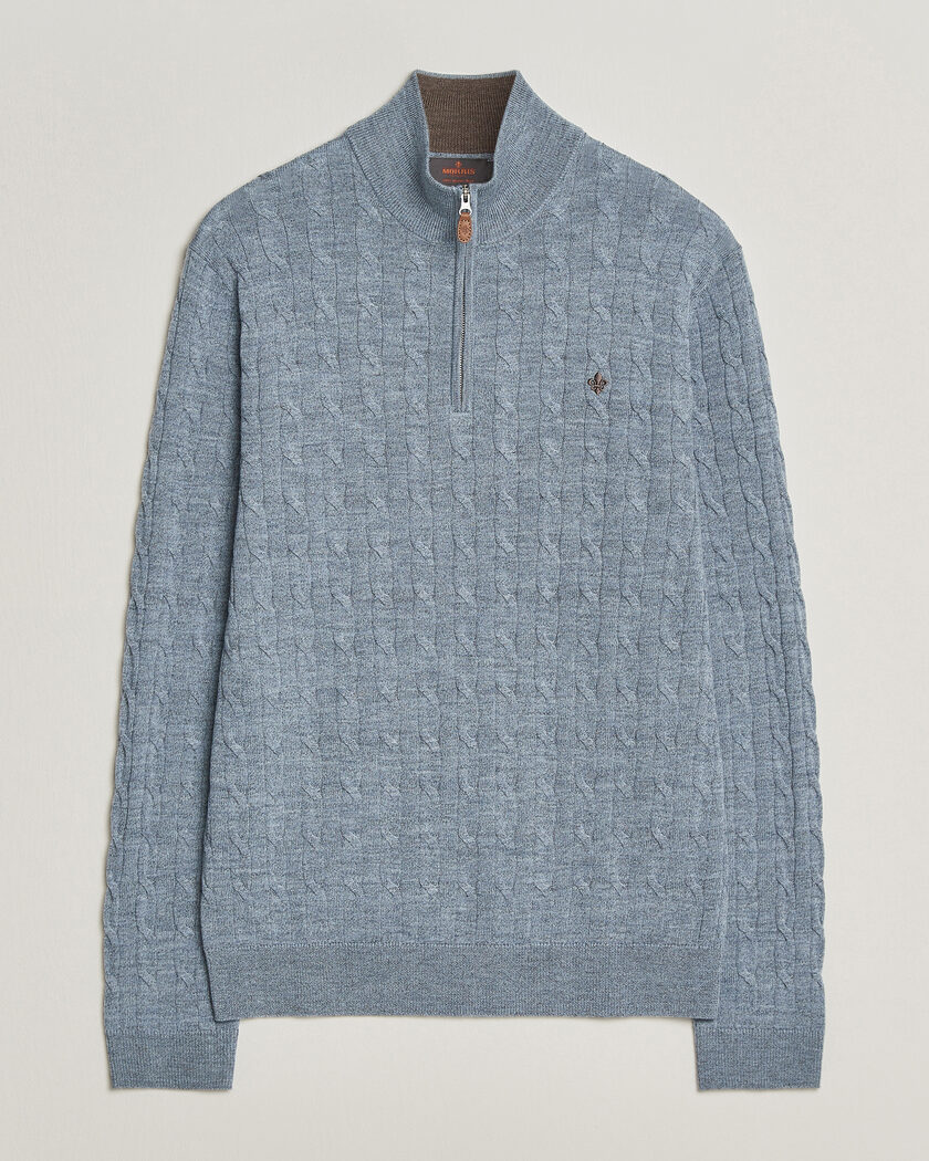 Morris Merino Cable Half Zip Light Blue – Blau