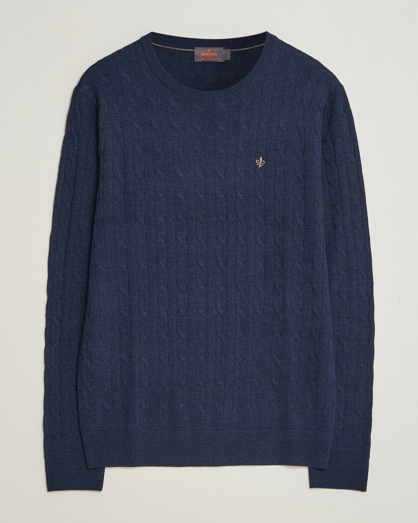 Morris Merino Cable O-Neck Navy – Blau