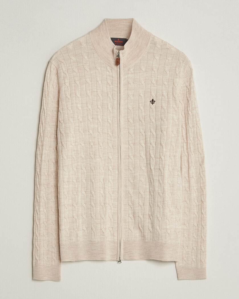 Morris Merino Cable Zip Cardigan Off White – Beige