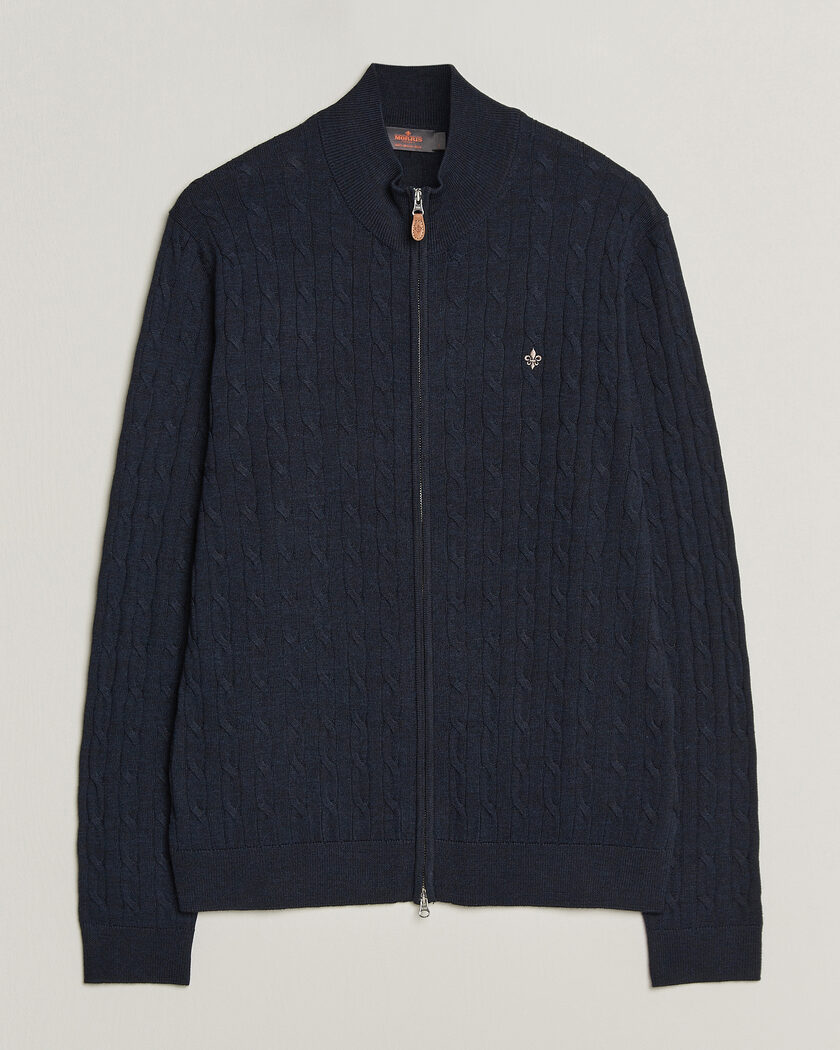 Morris Merino Cable Zip Cardigan Navy – Blau