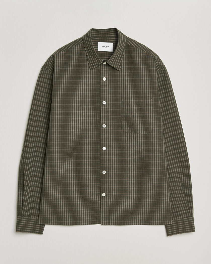 NN07 Deon Peached Cotton Checked Shirt Green – Grün