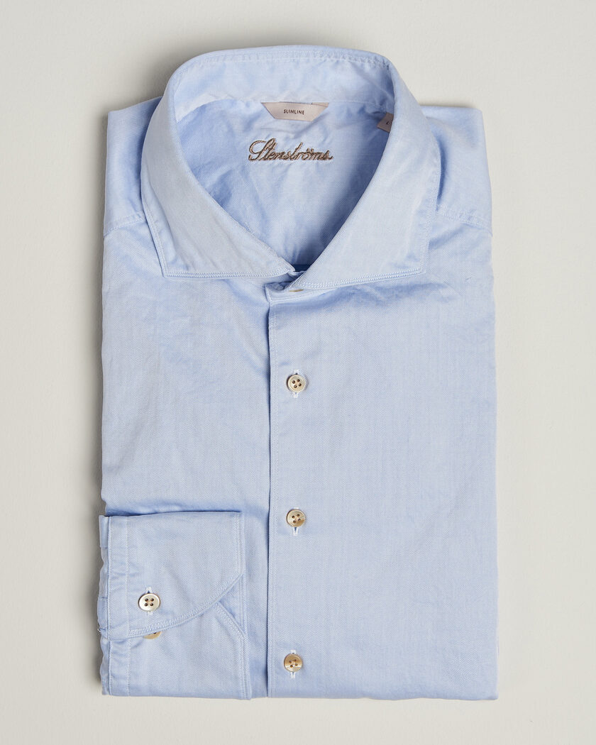 Stenströms Slimline Washed Cotton Twill Cut Away Shirt Blue – Blau
