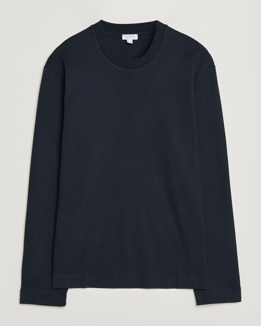 Sunspel Heavy Weight Supima Cotton Long Sleeve T-Shirt Navy – Blau